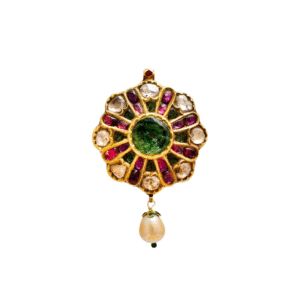 A 19th-century Indian ruby diamond and emerald gold pendant with meenakari enamel