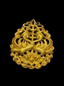 Chinese A Pierced Gold Pomander Song Dynasty Chinese length 5.5cm Song Dynasty Chinese pierced gold pomander with confronted phoenixes
