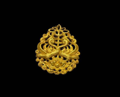 Song Dynasty Chinese pierced gold pomander with confronted phoenixes
