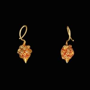 Pair of Gold Earrings. Burma 19 th Century length 3cm A pair of 19th-century Burmese gold earrings with filigree and granulation