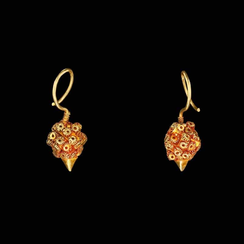 A pair of 19th-century Burmese gold earrings with filigree and granulation