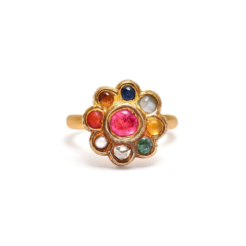 19th-century delicate Navaratna ring set in high-carat gold from India